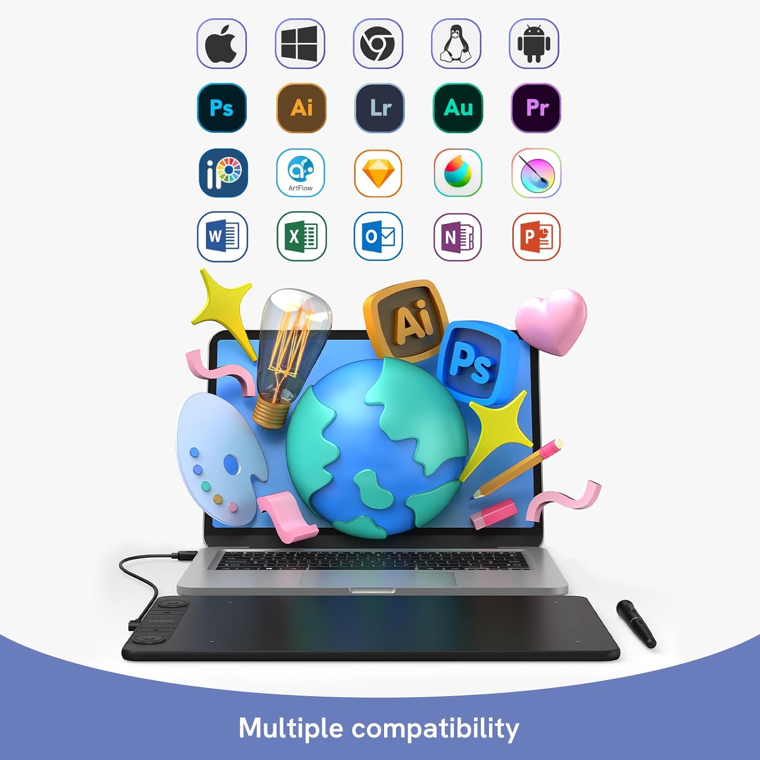 10 x 6 Inch Graphics Drawing Tablet with 8 Shortcut Keys, 8192 Levels Tilt Support M70694