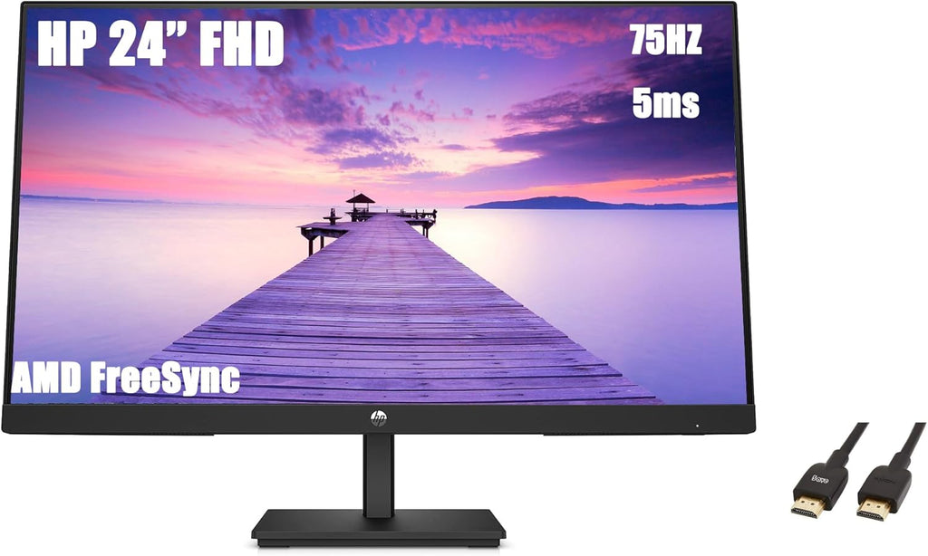 HP 24"" FHD VA Monitor, Full HD 1920 x 1080 LCD Display, 5ms Response Time, 75Hz Refresh Rate, 16:9 Aspect Ratio, 250 Nit, FreeSync, 3000:1 Contrast Ratio with 5ave HDMI Cable, Flat-Black