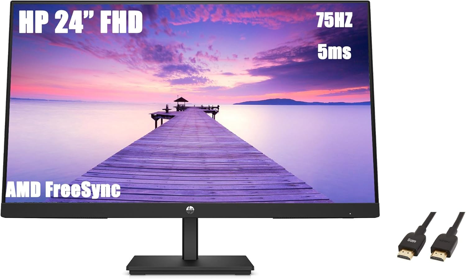 HP 24"" FHD VA Monitor, Full HD 1920 x 1080 LCD Display, 5ms Response Time, 75Hz Refresh Rate, 16:9 Aspect Ratio, 250 Nit, FreeSync, 3000:1 Contrast Ratio with 5ave HDMI Cable, Flat-Black