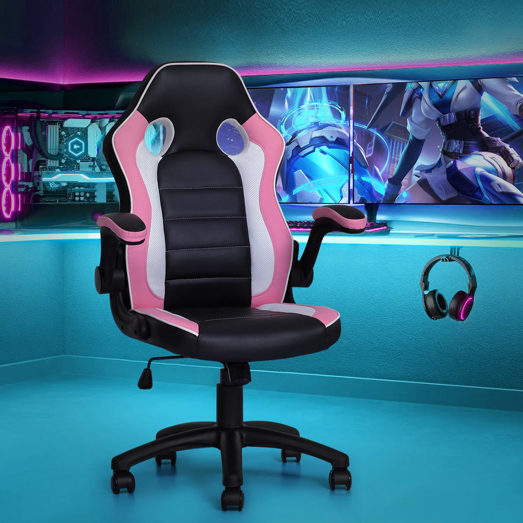 PU Leather Gaming Chair with Flip-Up Arms, Black/Pink D543