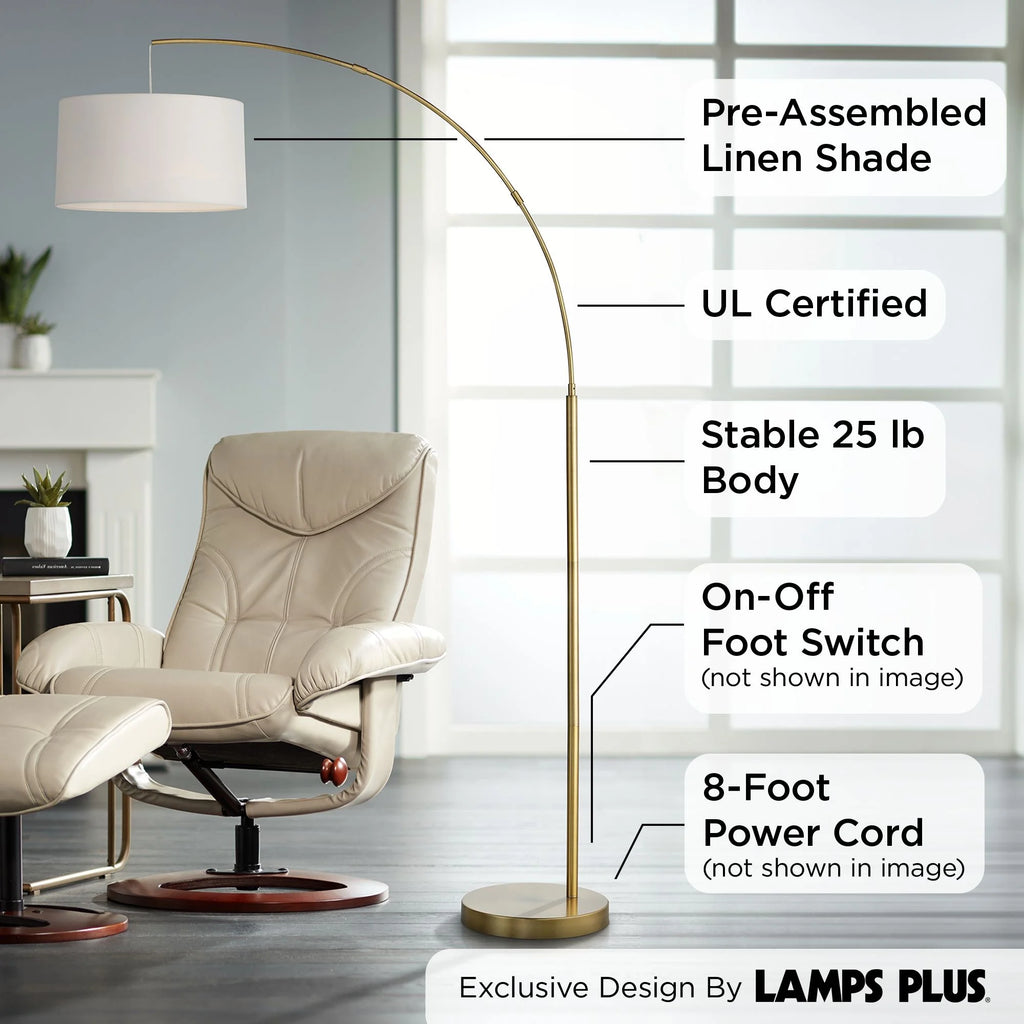 Modern Arc Floor Lamp 72" Tall Brass Metal White Linen Drum Shade E841911