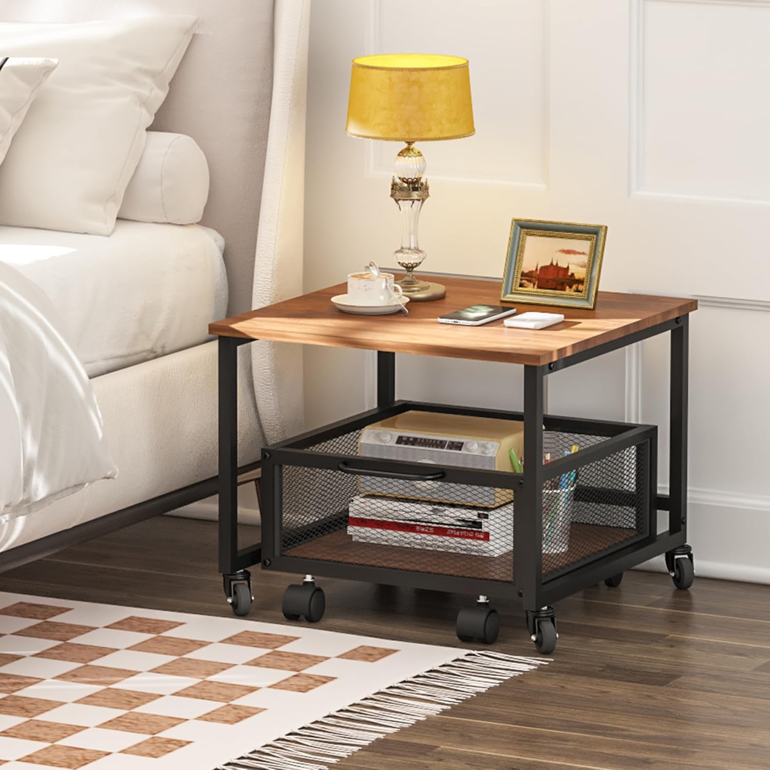 Mini Fridge Stand with Rolling Cart, 2 Lockable Wheels, Metal Basket Drawers H6415