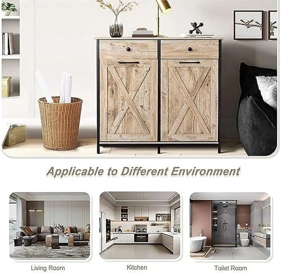 Double Barn Door Trash Cabinet with Hideaway Drawer G9317