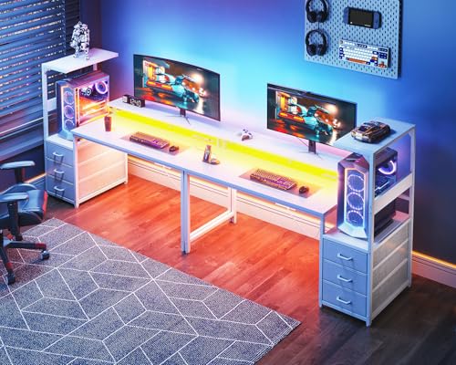 Gaming Desk with USB Charging Ports & LED Light, Reversible Computer Desk with Storage Shelves T781