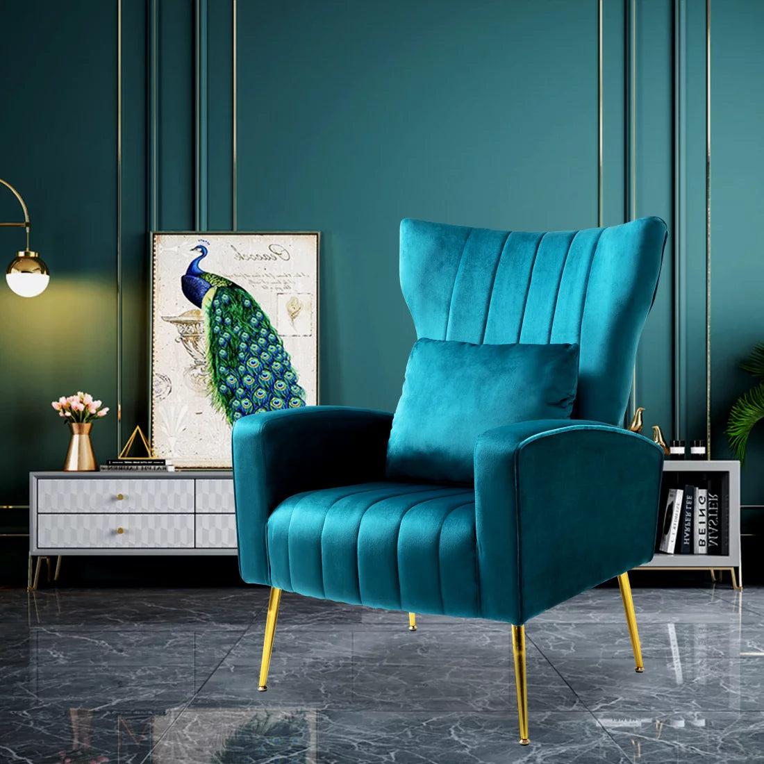 Velvet Accent Chair Set of 2 with Lumbar Pillow, High Back, Golden Metal Legs, Blue Teal L870787