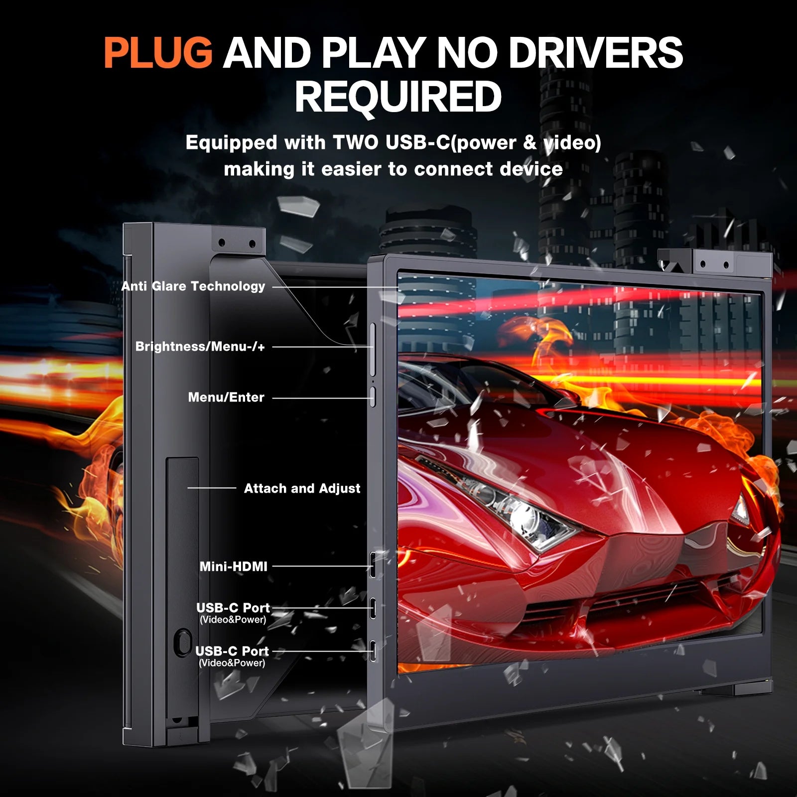 Portable Triple Monitor for 15-17 inch Laptop, 1080P IPS, Plug & Play, USB/HDMI, Black A4747