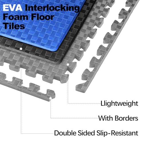 Interlocking Foam Gym Flooring Mat, 1 Inch Thick, 6 Tiles, Black C4472