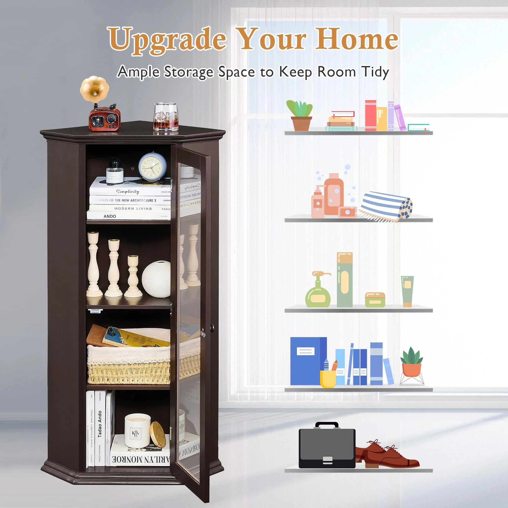 Freestanding Bathroom Cabinet with Glass Door, Corner Storage W61167