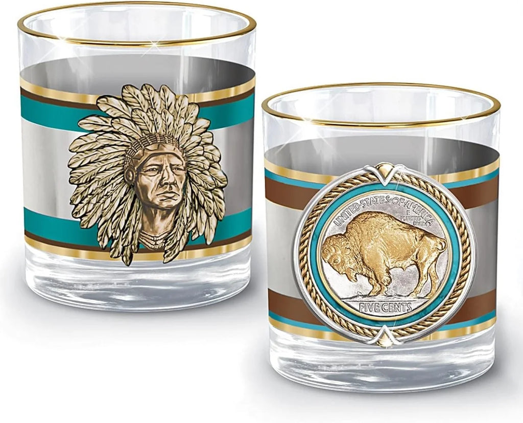 Western Buffalo Nickel Decanter and Glass Set, 5 Pieces with Gold Rims B344