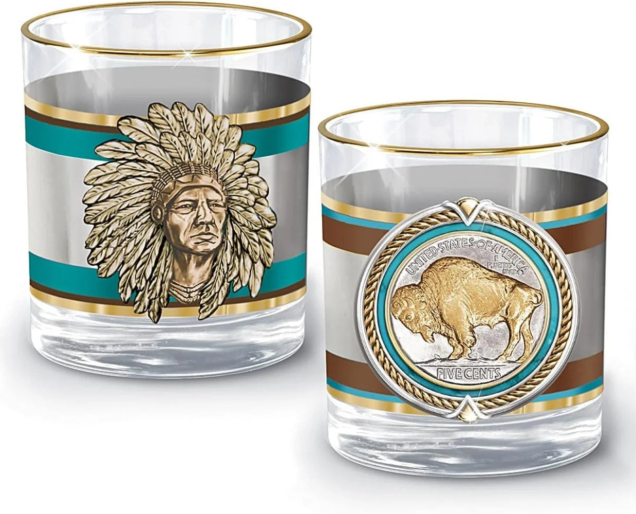 Western Buffalo Nickel Decanter and Glass Set, 5 Pieces with Gold Rims B344