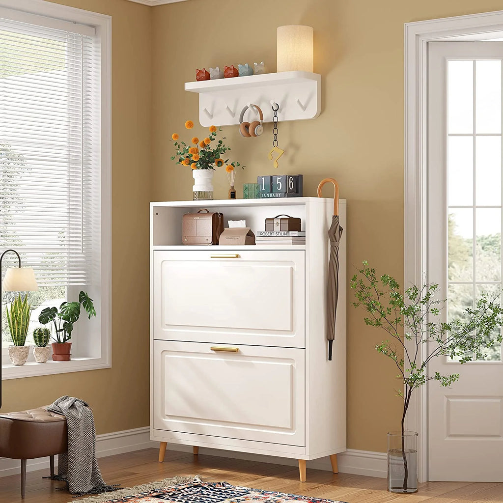 Slim Shoe Cabinet with 2 Flip Drawers for Entryway, White Z571