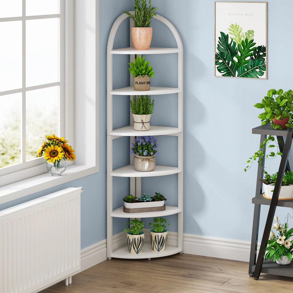 Corner Shelf Bookshelf Plant Stand, Rustic Brown Wood Finish U64415