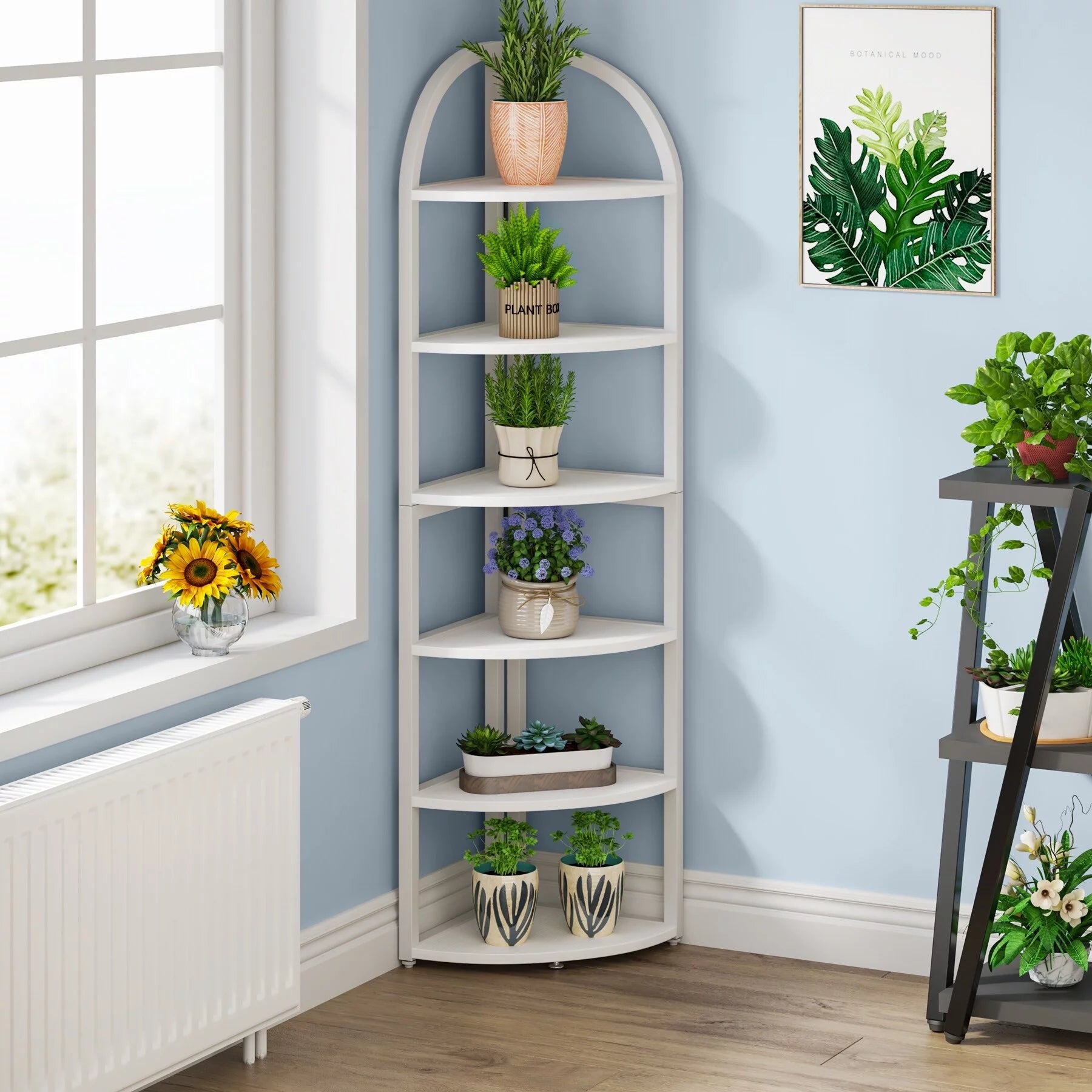 Corner Shelf Bookshelf Plant Stand, Rustic Brown Wood Finish U64415