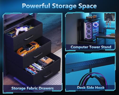 Gaming Desk with USB Charging Ports & LED Light, Reversible Computer Desk with Storage Shelves T781