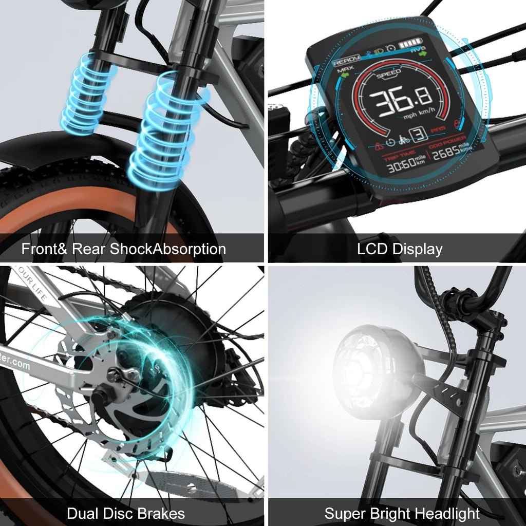 750W Electric Bike for Adults, 48V 15Ah Removable Battery, 20" Fat Tire Mountain Bicycle Q958
