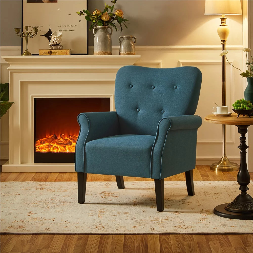 Modern Upholstered Accent Chair with Wooden Leg, Navy Blue Q80234
