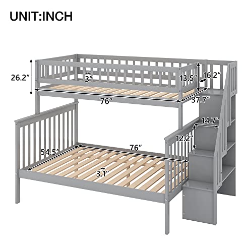Twin Over Twin/Full Bunk Bed with Trundle and Drawers, Solid Wood Staircase T72769