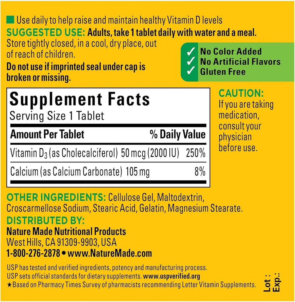Vitamin D3 2000 IU, 100 Tablets for Immune Health Z558