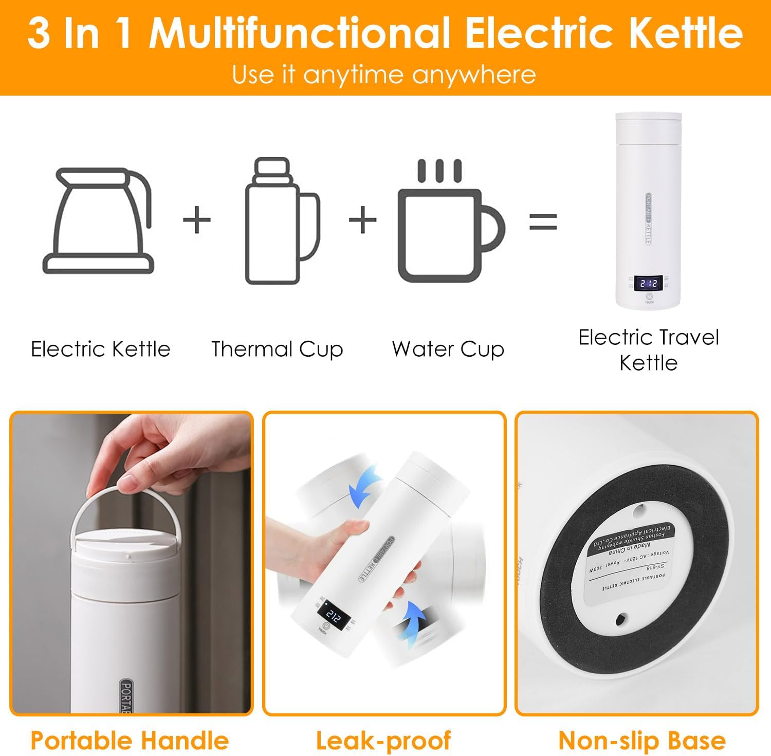 Portable Electric Kettle 500ML Stainless Steel with Auto Shut-Off A571689