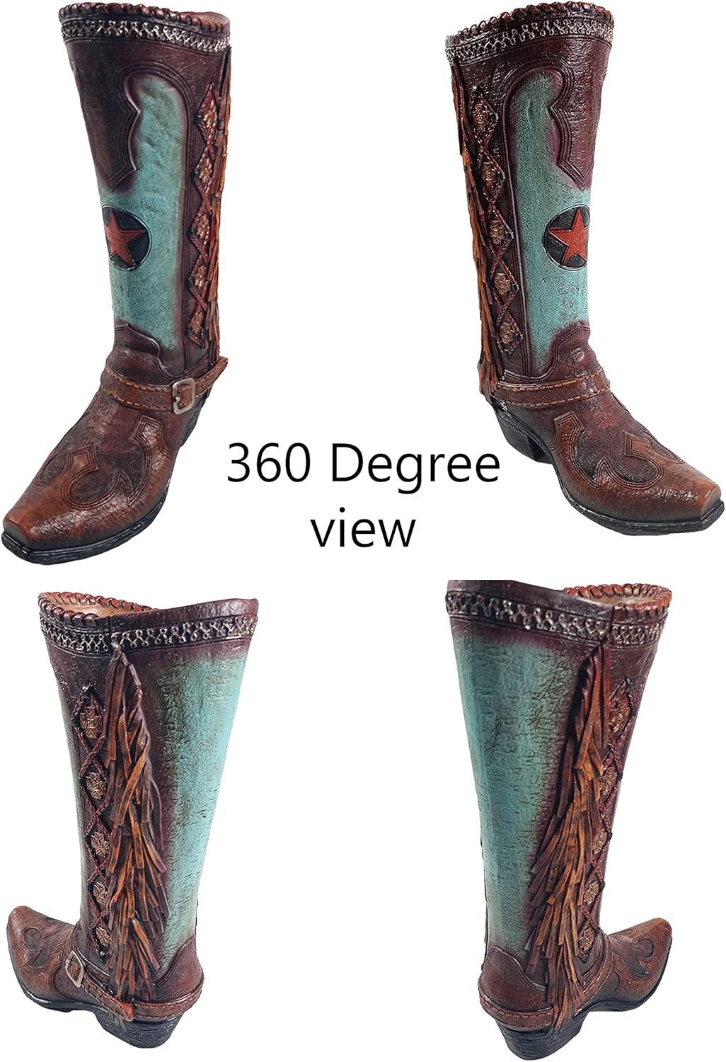 Cowboy Boot Flower Vase 12 Inch Brown Teal Tassel N4486