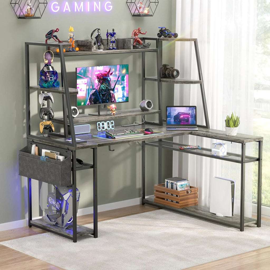 Corner Computer Desk with LED Lights and Power Outlets, Black Oak B345185