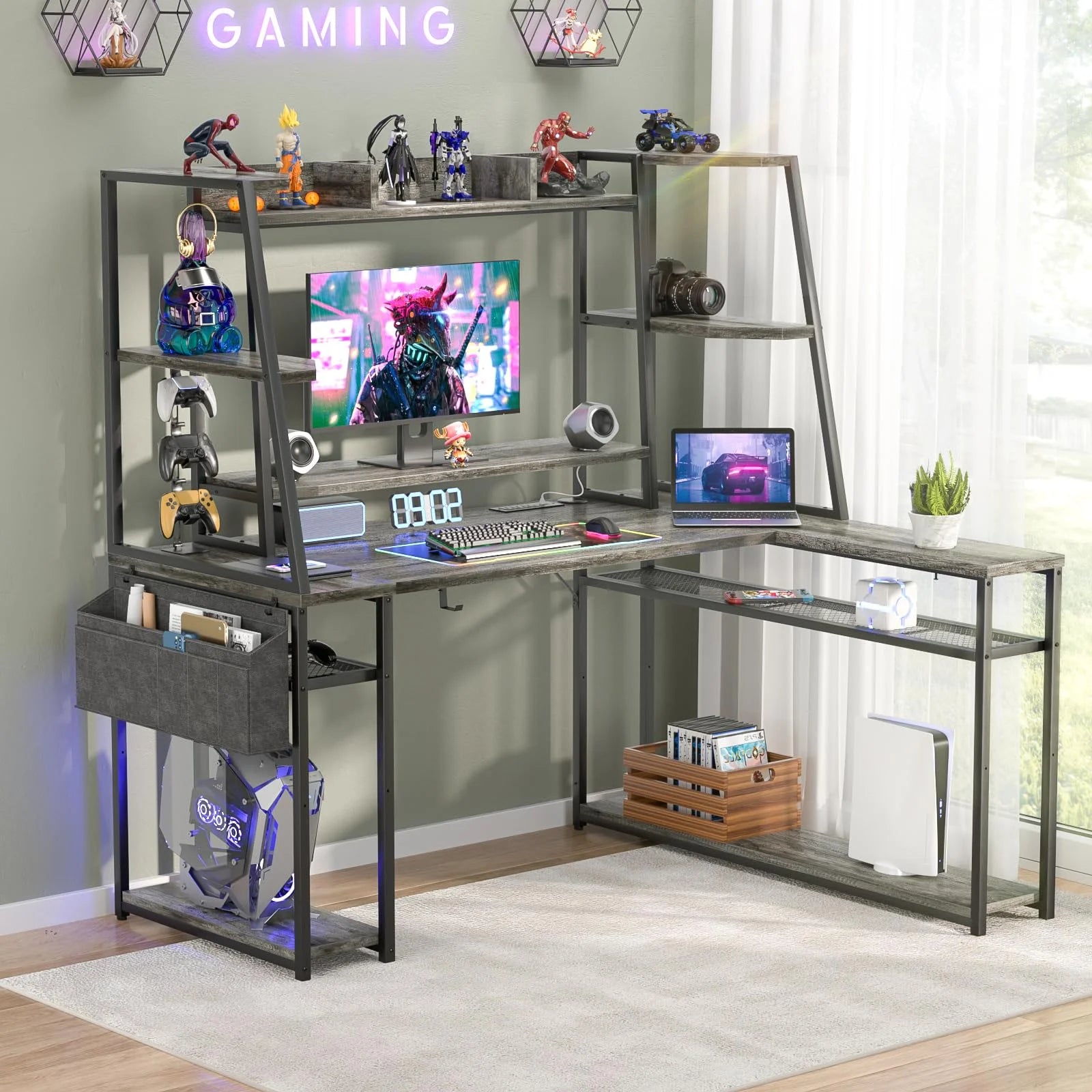 Corner Computer Desk with LED Lights and Power Outlets, Black Oak B345185