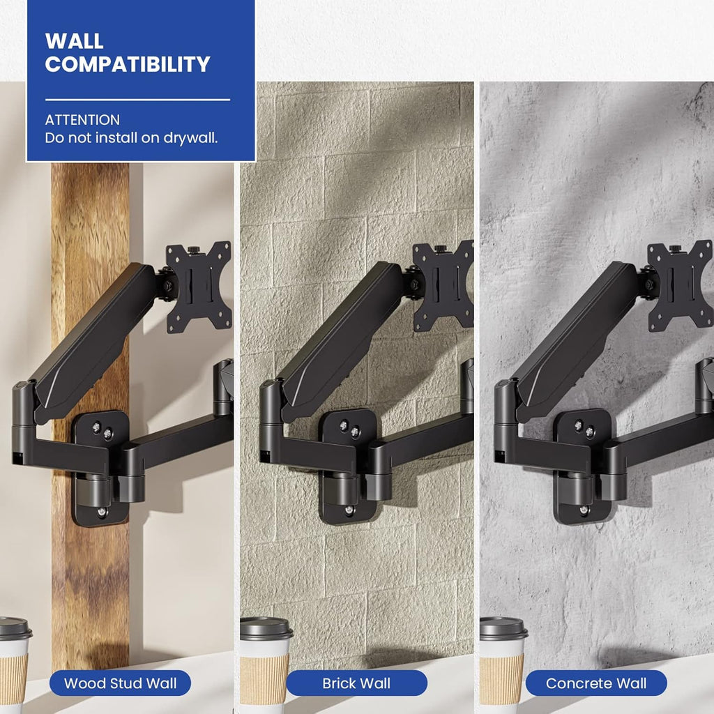 Dual Monitor Wall Mount, Gas Spring Arm for 17-32 Inch Screens, Full Motion Adjustable, Black T1803