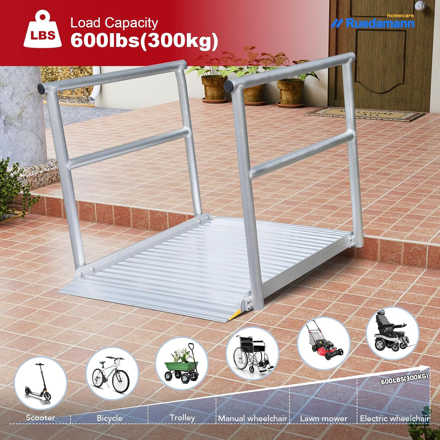 Aluminum Wheelchair Ramp with Handrails, 600 Lbs Capacity, Non-Slip for Home Steps Z8390