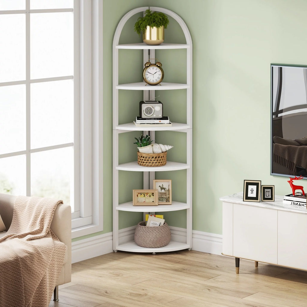 Corner Shelf Bookshelf Plant Stand, Rustic Brown Wood Finish U64415