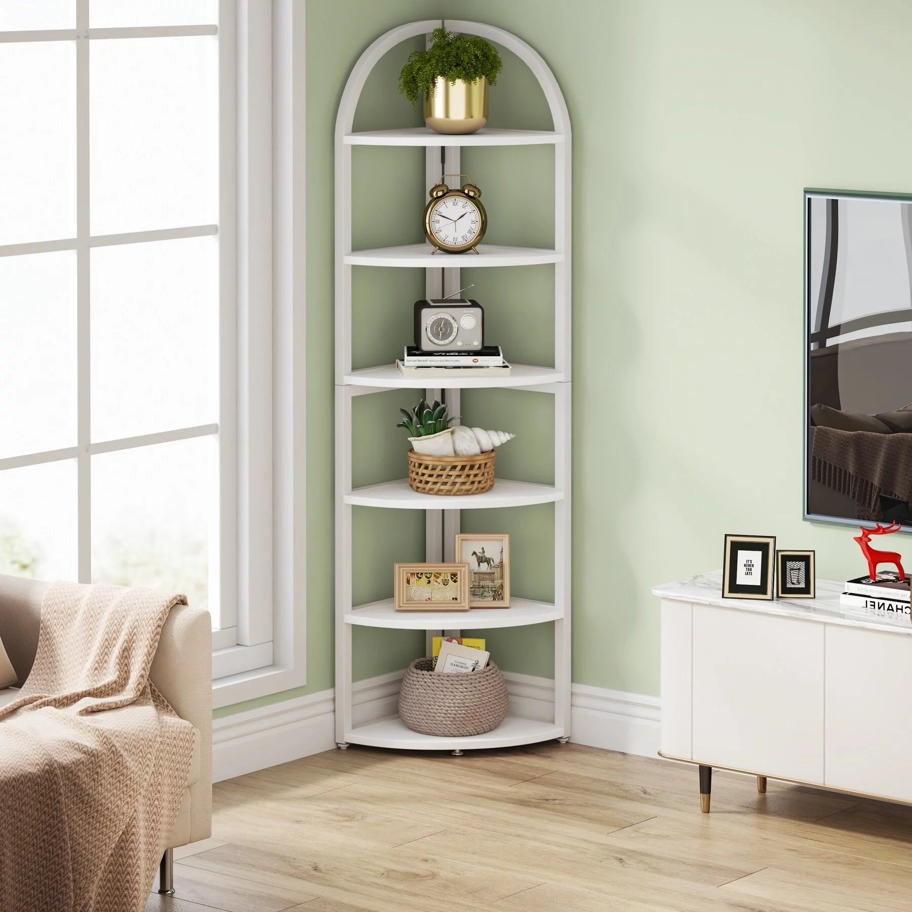 Corner Shelf Bookshelf Plant Stand, Rustic Brown Wood Finish U64415