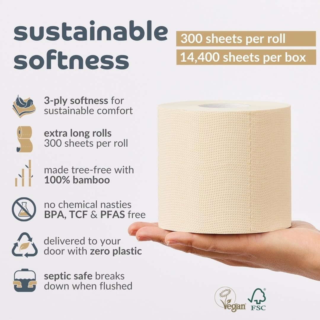 Bamboo Toilet Roll 48 Pack, Unbleached 3 Ply, 300 Sheets Z300225