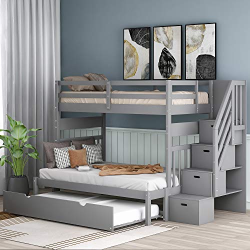 Twin Over Twin/Full Bunk Bed with Trundle and Drawers, Solid Wood Staircase T72769