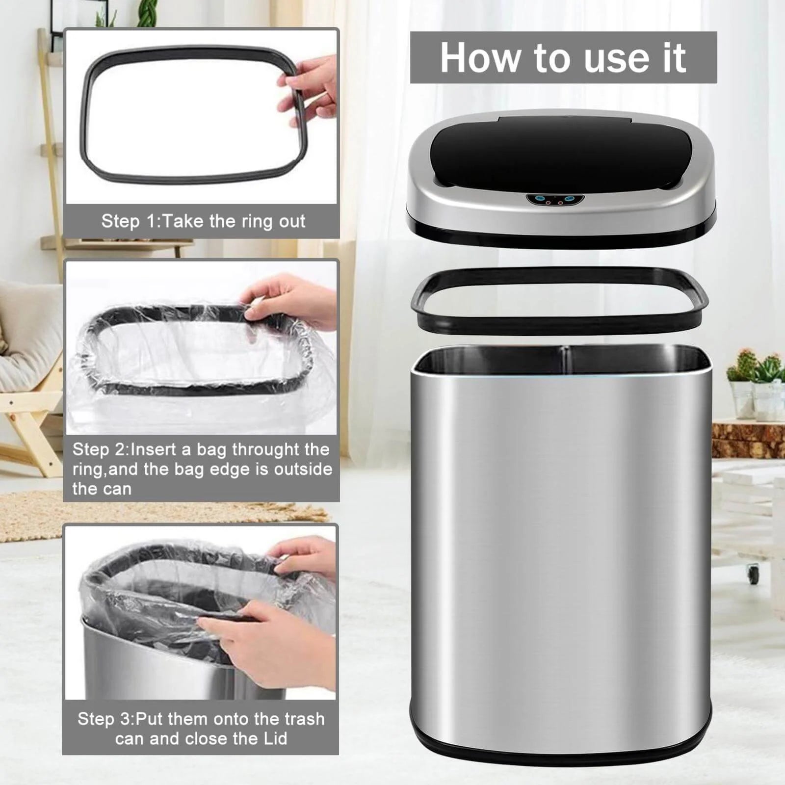 Kitchen Trash Can with Lid, 13 Gallon Stainless Steel, Motion Sensor, Silver Q1003
