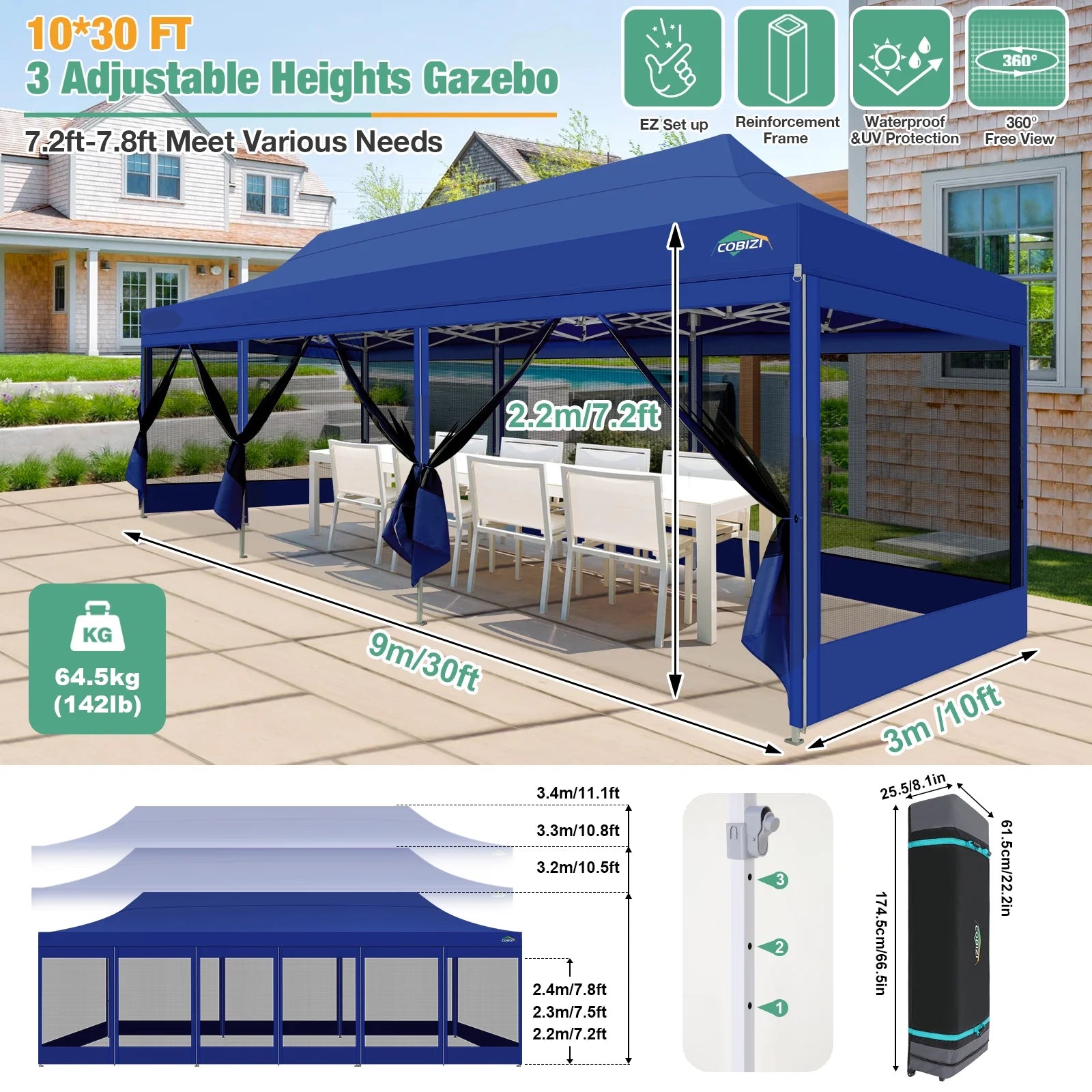 10x30 Pop Up Canopy Tent with Netting and Sidewalls, Waterproof, Outdoor Party Shelter H534