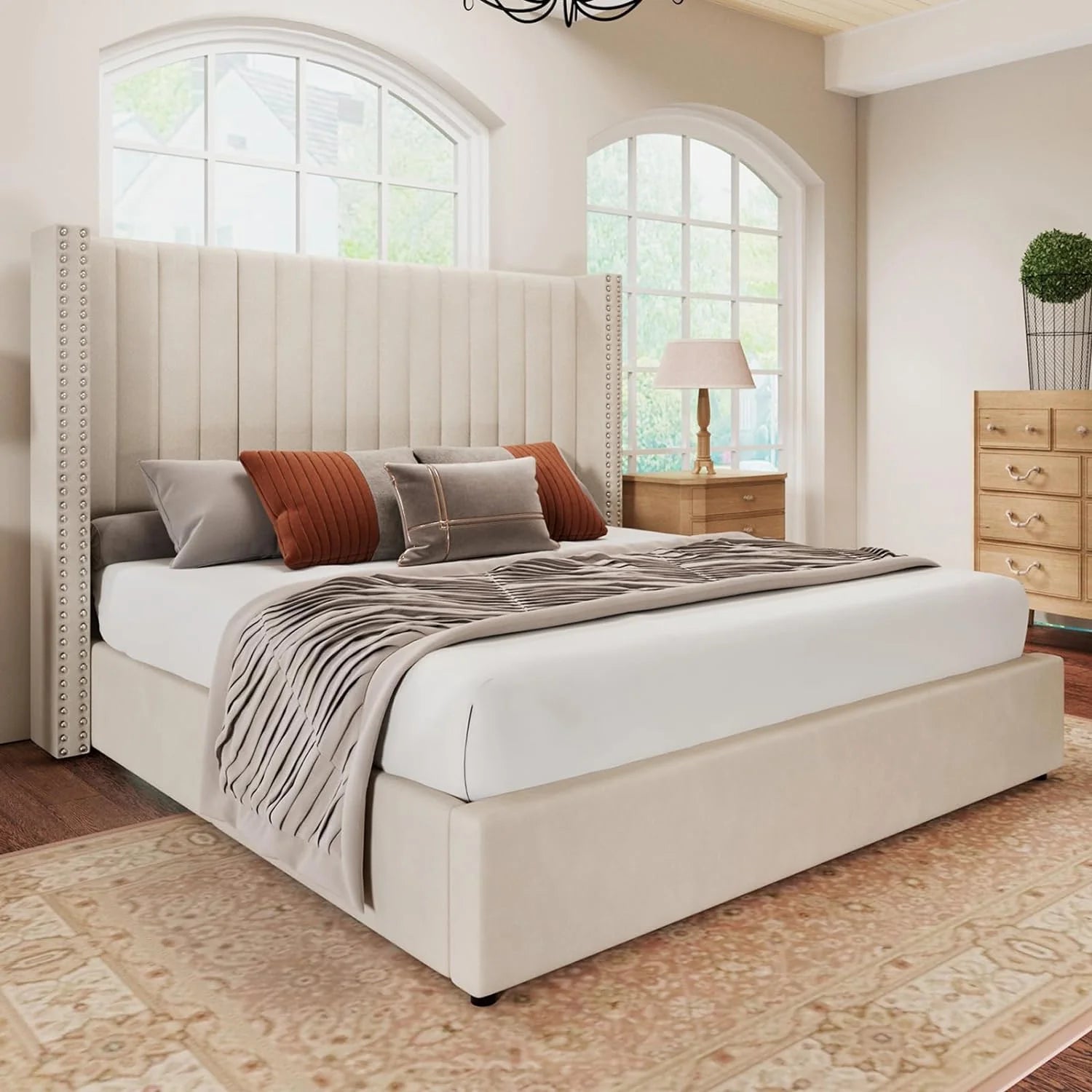 Queen Bed Frame Lift Up Storage Bed, Velvet Upholstered with Wingback Headboard W92086