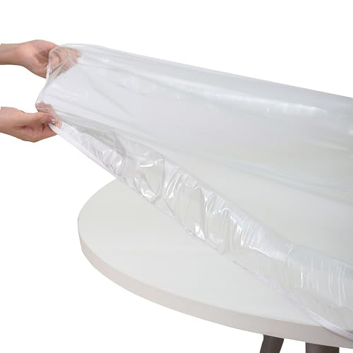 Round Vinyl Fitted Tablecloth Waterproof Heavy Duty Elastic Edge Table Cover K5214