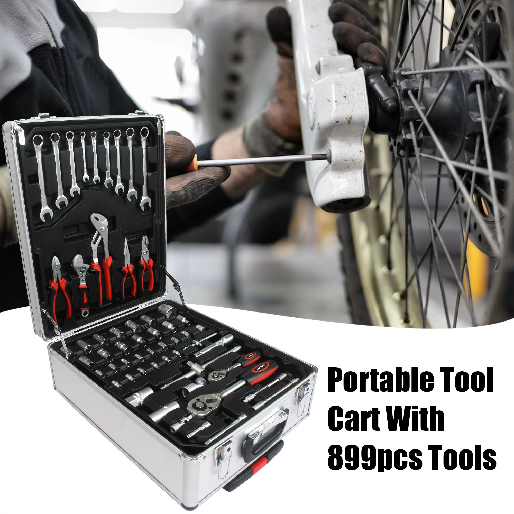 899PCS Tool Set, White Rolling Tool Box with 4 Layers, Household Hand Tool Kit O3626