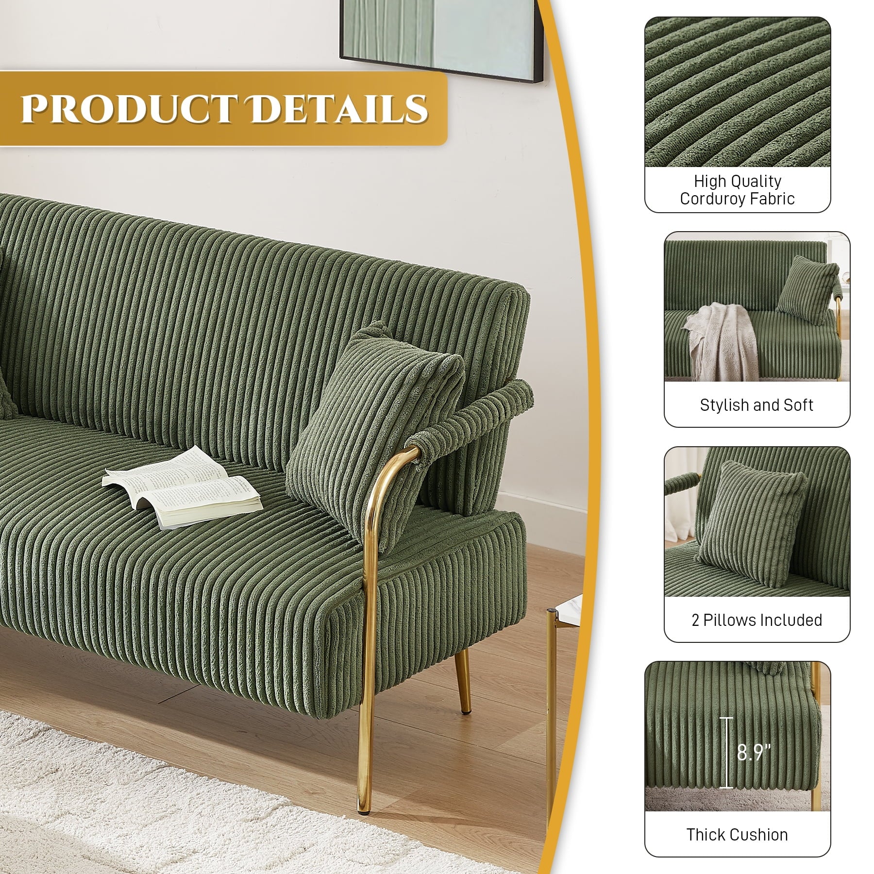Tufted Velvet Futon Sofa Bed with 2 Pillows, 3 Adjustable Backrest Angles C84440