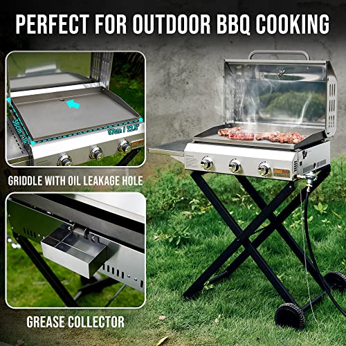 Portable Propane Gas Griddle 3-Burner with Foldable Cart and Side Table P920723