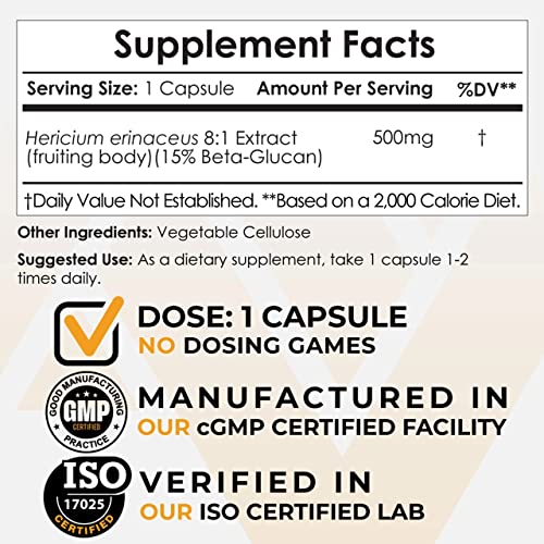 Lion's Mane Mushroom Capsules 8:1 Dual Extract 500mg 60 Count R966