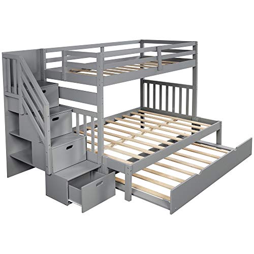 Twin Over Twin/Full Bunk Bed with Trundle and Drawers, Solid Wood Staircase T72769