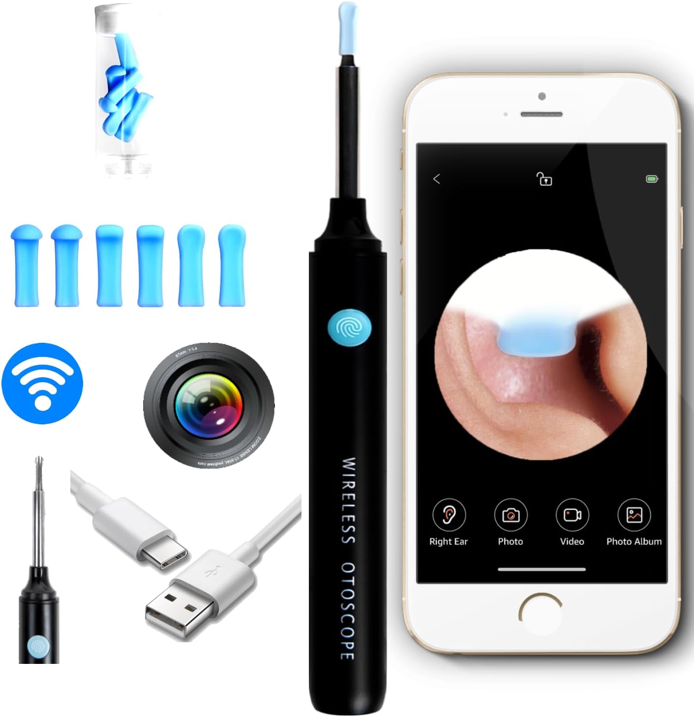 Ear Wax Removal - Earwax Remover Tool with 8 Pcs Ear Set - Ear Cleaner with HD Camera - Earwax Removal Kit with Light - Ear Camera with 6 Ear Spoon - Ear Cleaner for iOS & Android (Black) Complete Set
