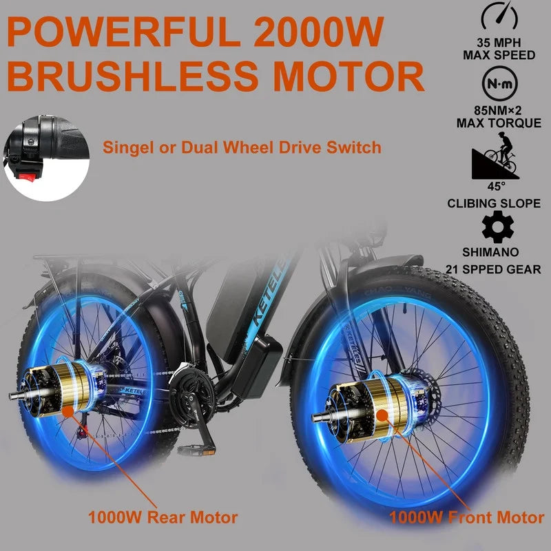 Electric Bike for Adults 2000W 48V 23AH Removable Battery 26" Fat Tire H9648