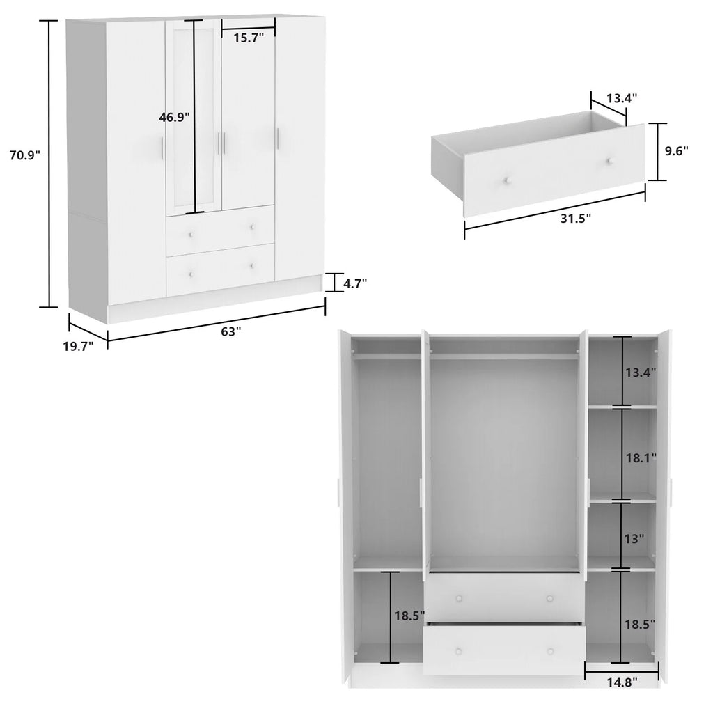 White Wooden Wardrobe Armoire with Mirror O108005