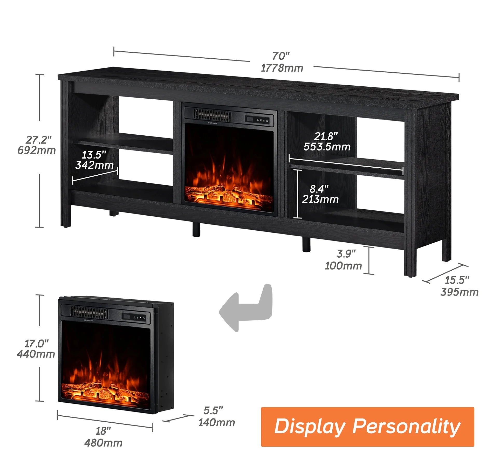 TV Stand with Electric Fireplace, Black Entertainment Center, 4 Storage X681114