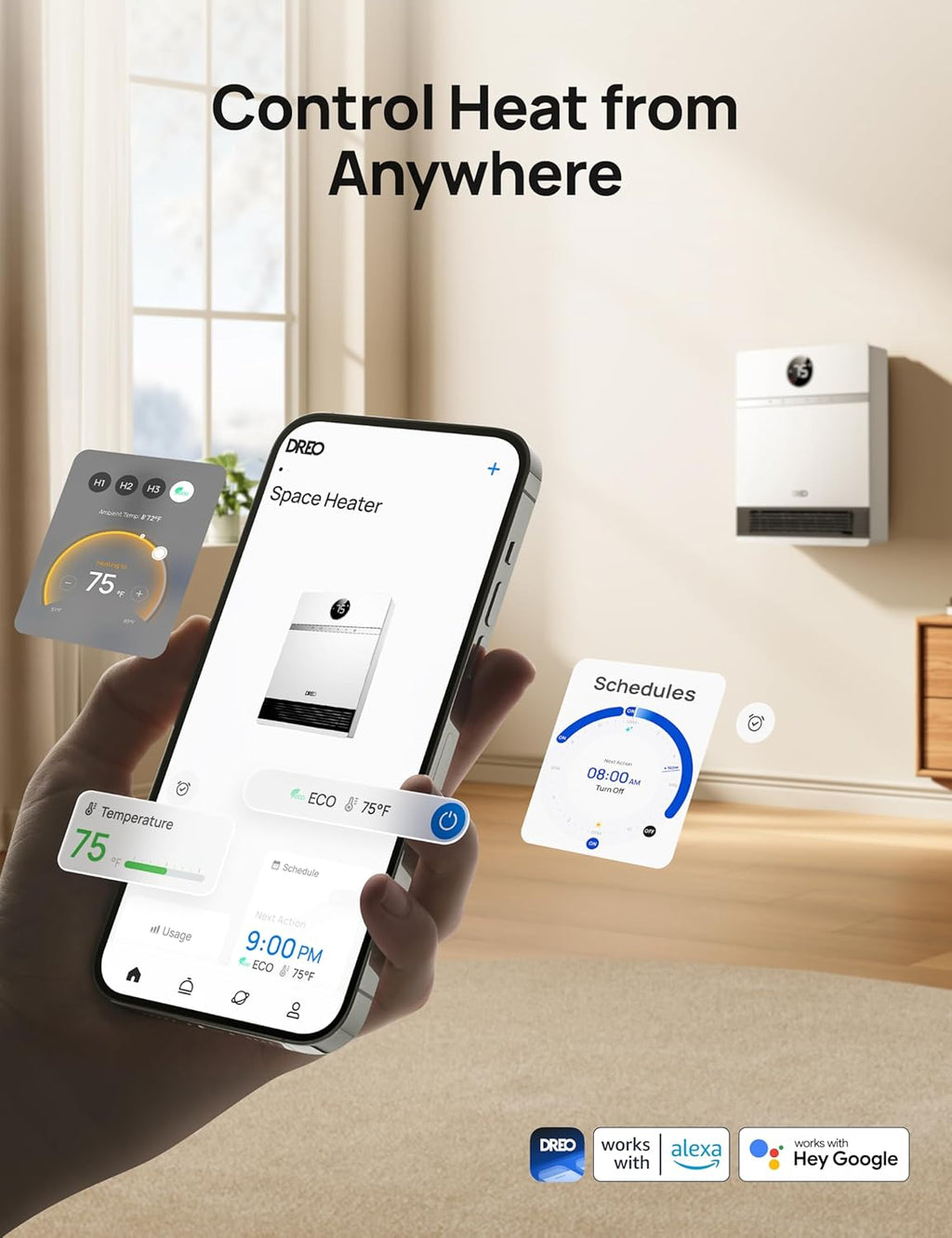 Smart Wall Heater, Electric PTC Space Heater for Indoor Use, Oscillation, Thermostat, Remote Control, Timer N80992