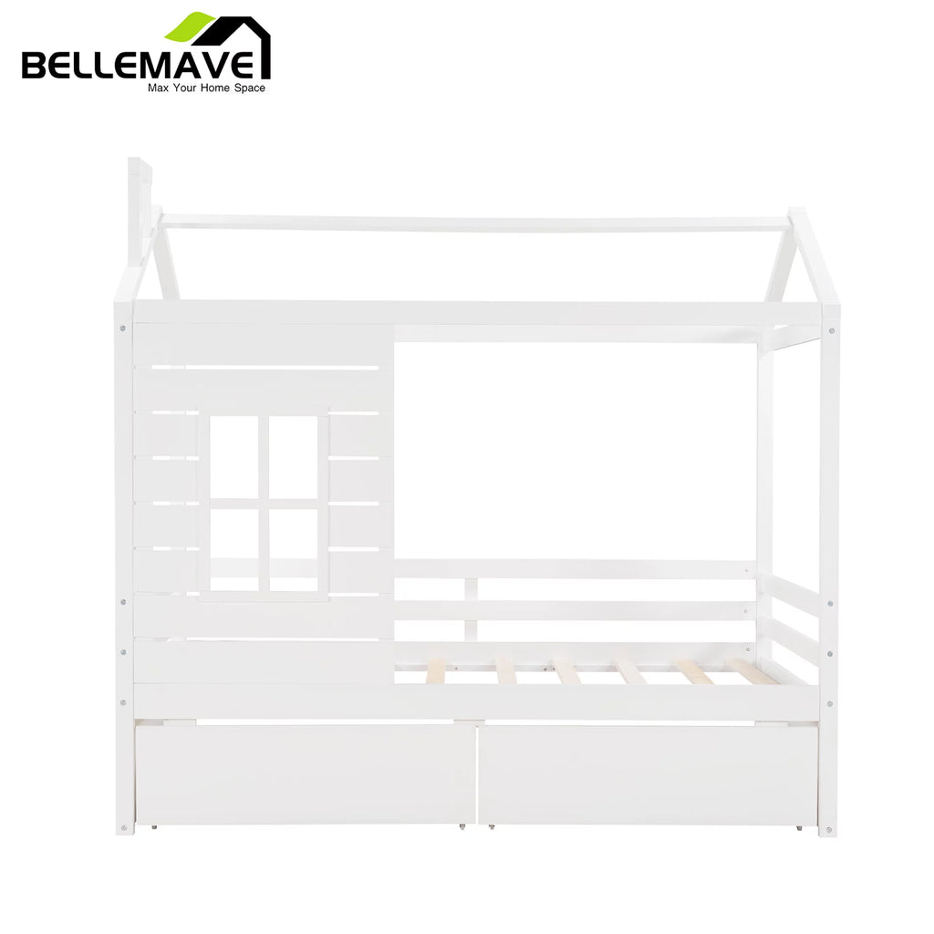 Twin Size House Bed with Drawers and Guard Rails O549