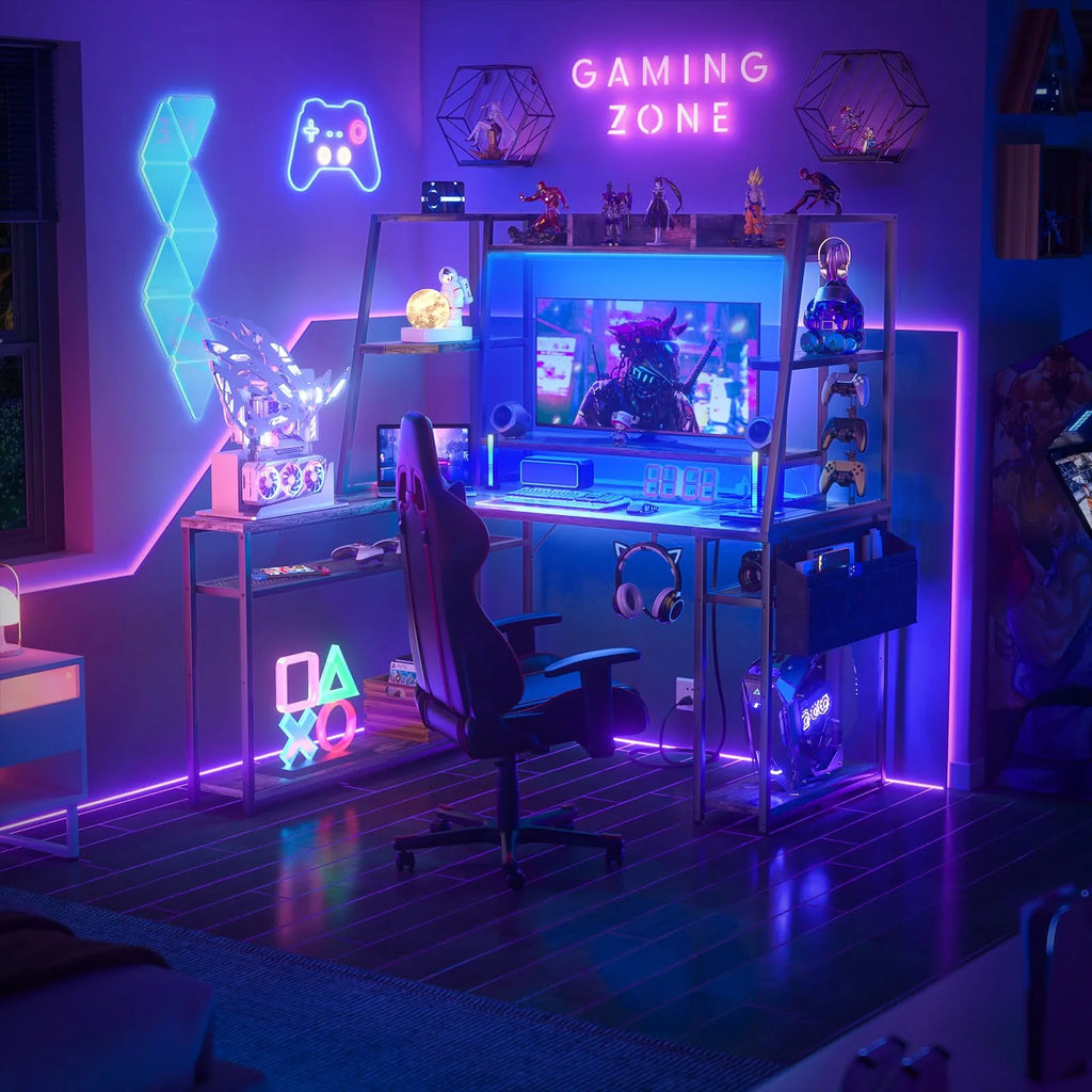 Corner Computer Desk with LED Lights and Power Outlets, Black Oak B345185