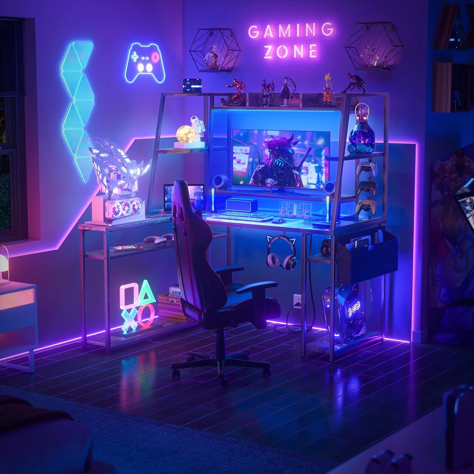 Corner Computer Desk with LED Lights and Power Outlets, Black Oak B345185
