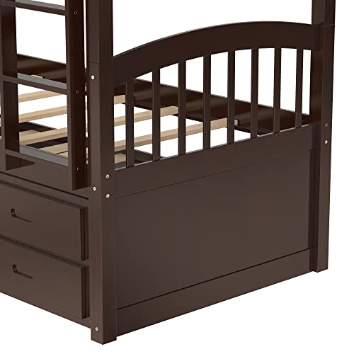 Twin Over Twin Bunk Bed with Storage Drawers and Trundle, Solid Wood Frame G366
